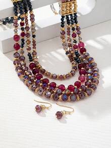 1pc Elegant Purple Multi-Layer Necklace Set - Multicolor - View 4