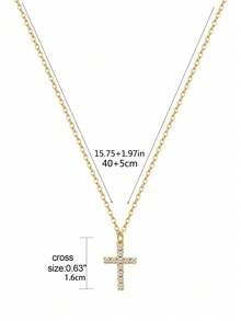 1pc Delicate Simple 18k Gold Plated Cross Pendant Stainless Steel Necklace With Micro-inlaid Cz Stone - Gold - View 5
