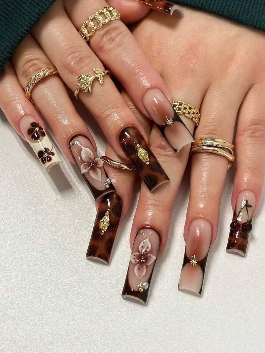 24片法式美甲贴纸，长方形，3D渐变花卉豹纹图案，金色金属点缀，XXL/XXXL尺寸，优雅风格，光滑表面，全覆盖式假指甲，适合女性和女孩日常佩戴
