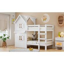 Children's Bunk Bed 90x200 Cm, Design With Windows And Roof, Side Rails And Straight 3-Step Ladder, Stabilized Slatted Base, Pine, MDF And Plywood Frame, White - White - View 8