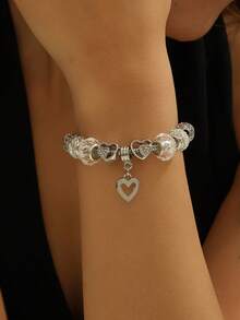 1pc Fashionable Rhinestone Hollow Heart Beaded Bracelet, European And American Style - Multicolor - View 5