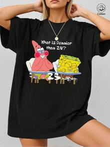 2025春夏新款可爱卡通印花女式短袖T恤，宽松版型，100%纯棉透气夏季沙滩装，俏皮设计，休闲风格，舒适日常穿着 - 黑色 - 查看 1