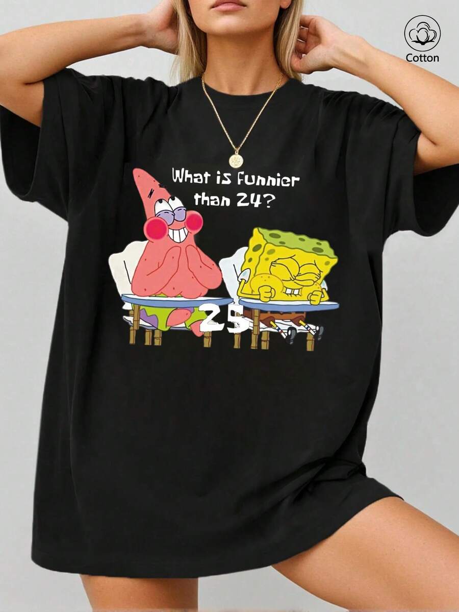 2025春夏新款可爱卡通印花女式短袖T恤，宽松版型，100%纯棉透气夏季沙滩装，俏皮设计，休闲风格，舒适日常穿着 - 黑色 - 查看 1