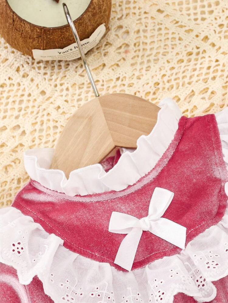 Baby Girls' Floral Collar Long Sleeve Jumpsuit, Casual Jumpsuit For Infants & Babies, Autumn/Winter - Rose Red - View 4