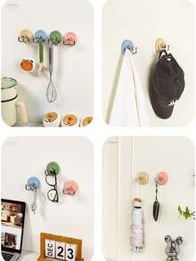 1/4pcs Strong Suction Cup Double Hooks, 4 Decorative Adhesive Wall Hooks, Sunflower Base, Suitable For Bathrooms, Shower Rooms, And Kitchens, Stainless Steel Towel Hooks, No Drilling Required, Soft Colors (Blue/Green/Pink/Beige) (Please Watch The Video For Usage Instructions) - Multicolor - View 5