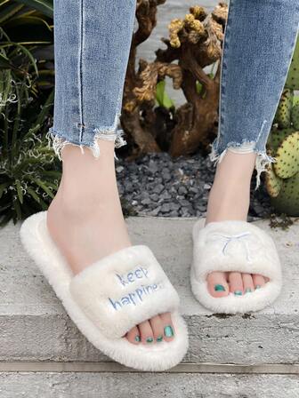 Cute Embroidered Bow Plush Slippers For Women, Soft Bottom Comfortable Fluffy Slip-On, Suitable For Autumn/Winter Home Wear