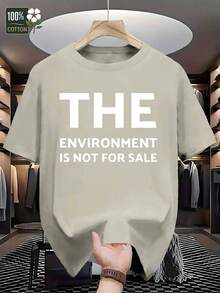 Camiseta de algodón casual para hombre - "El medio ambiente no es para " Impresión, manga corta, cuello redondo, color oscuro, diseño geométrico, ligero y transpirable para el verano, camiseta de uso diario | Camiseta con declaración audaz | Ajuste cómodo - Caqui - Ver 2