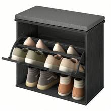 Banco Zapatero Acolchado, Mueble de Recibidor de 3 Niveles para 6 Pares de Zapatos, Cajón Abatible, 30 x 60 x 53,5 cm, para Entrada, Dormitorio, Negro Ébano y Gris Pizarra - Negro - Ver 6