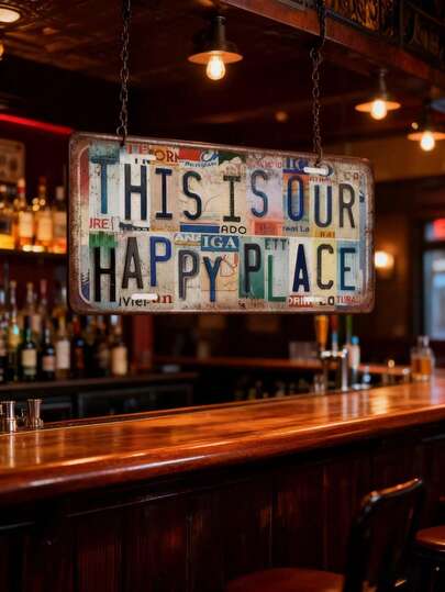 "Our Happy Place" Metal Bar Sign - 15.5X30.7CM Iron Retro Tin License Plate Wall Decor, Rustic Iron Wall Art For Home Bar Cafe, Hanging Plaque Man Cave Den Living Room Decoration