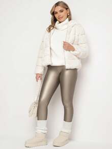 Quần legging da PU cạp cao bằng vải nỉ - Bạc - Xem 2