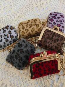 复古毛绒豹纹挂饰迷你包首饰收纳盒零钱包钥匙扣配件金色钥匙扣包饰钱包挂件钥匙圈 - 彩色 - 查看 8