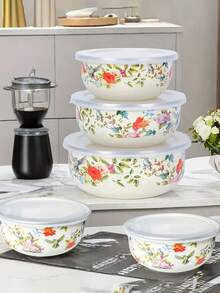 5件套彩色搪瓷密封保鲜盒，容量分别为10/12/14/16/18克，适用于水果蔬菜的食品储存碗，圆形盖子，可重复使用，时尚搪瓷汤/沙拉碗，适合学校、露营、野餐、办公室等场合。