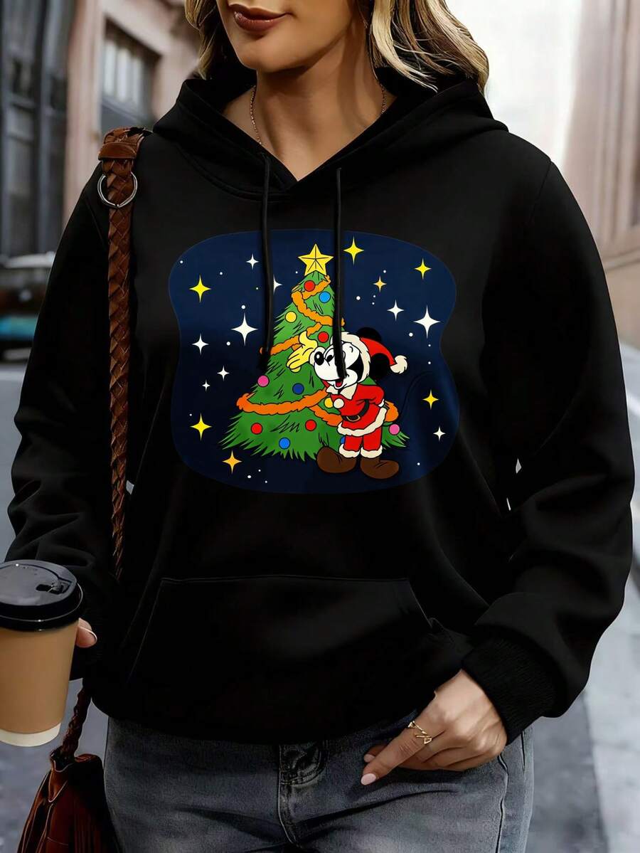 Disney Women Hoodie White Mickey Mouse Christmas Tree Santa Claus Print Casual Winter Holiday Outfit - màu đen - Xem 1