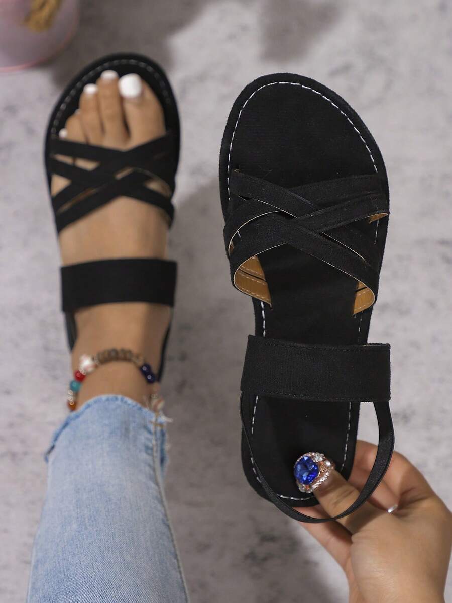 Women's Solid Color Flat Sandals, Casual Elastic Band Summer Shoes, Slip-On Beach Shoes