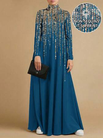 Damska sukienka z wysokim kołnierzem z Bliskiego Wschodu, z długim rękawem, luźna, sięgająca do podłogi, muzułmańska abaja Ramadan z Bliskiego Wschodu