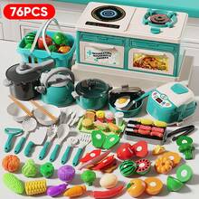 33件/44件/66件/76件儿童厨房玩具套装，适合男孩和女孩，包含烹饪用具、迷你炉灶、电饭煲、水果、搅拌器、炒菜器、切菜器和音乐餐具。