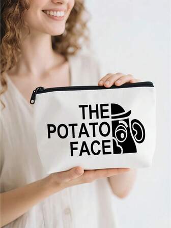 "The Potato Face" Makeup Bag - White Cosmetic Bag For Women, Travel & Toiletry Pouch, Durable Polyester Beach Bag - Perfect Christmas, Birthday, Valentine's Day Gifts For Women & Best Friends Toiletries Bag Travel Toiletry Bag Wash Bag Shower Bag Large Capacity Packing Cubes Travel Essential Cruise Essentials Vacation Essentials