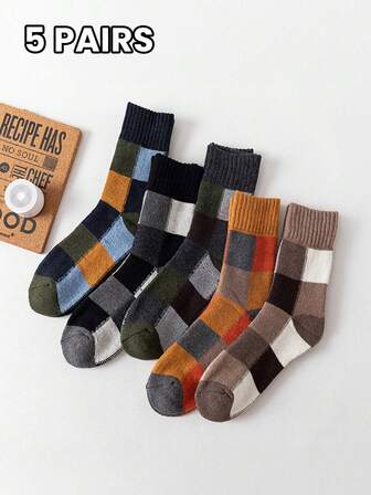 5 Pairs Men's Thick Wool Blend Plaid Socks, Retro Fashion Multicolor Casual Soft Comfortable Warm Mid-Calf Socks, Suitable For Autumn/Winter