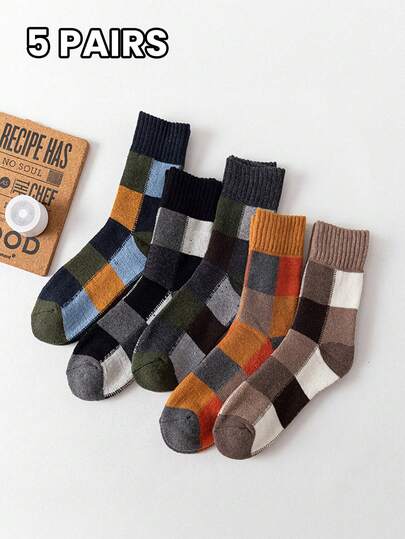 5 Pairs Men's Thick Wool Blend Plaid Socks, Retro Fashion Multicolor Casual Soft Comfortable Warm Mid-Calf Socks, Suitable For Autumn/Winter