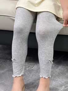 Girls Ribbed Vertical Striped Leggings, Thin Fashionable Versatile Skinny Pants, Anti-Mosquito Trousers For Spring & Autumn, Girls Bottoms With Bow & Frill Trim - Light Grey - View 1