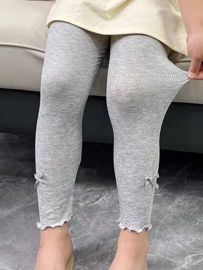 Girls Ribbed Vertical Striped Leggings, Thin Fashionable Versatile Skinny Pants, Anti-Mosquito Trousers For Spring & Autumn, Girls Bottoms With Bow & Ruffle Hem