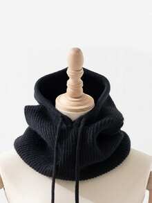 1pc Unisex Wool Blend Knitted Balaclava Hat, Warm & Soft Beanie Cap With Drawstring, Adjustable Neck Warmer For Autumn/Winter