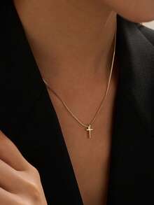 1件装配饰 女士休闲百搭简约十字架吊坠项链，金色首饰 - 金黃色 - 查看 3