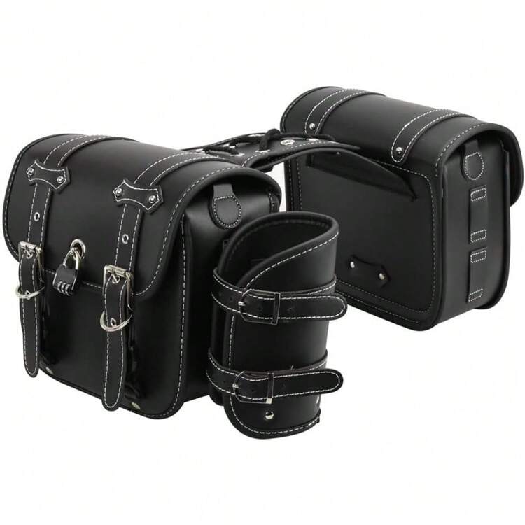 サイドバッグ バイク用 サドルバッグ 汎用 高密度レザー製 防水 99％車種対応 ペアセット 左右セット南京錠付き ドリンクホルダー付属 小物入れ ツーリング 大容量 取り付け簡単 金具防錆 荷物収納 通勤/通学/ショートツーリング ブラック - ブラック - 見る 11