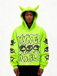 Harajuku Y2K Hoodie Casual Devil Horn Sweatshirt Streetwear Devil Corner Hoodie Unisex Loose-Fitting Street Style Pullover - Màu xanh chanh - Xem 4