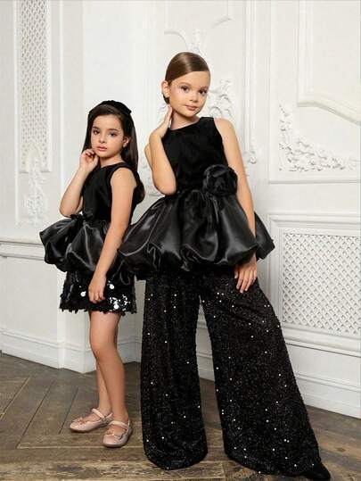 Tween Girl 2 Pieces Sleeveless 3D Floral Tulle Party Dress Set, Suitable For Girls Birthday Party, Wedding, Bridesmaid, Holiday Celebration