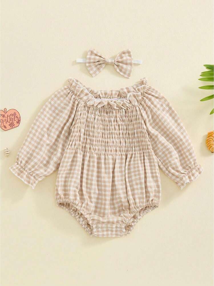 Infant Baby Girls Romper Ruffle Sleeve Pleated Smocked Bubble Plaid One Piece Ruched Jumpsuit Spring Fall Bodysuit - Khaki - View 1