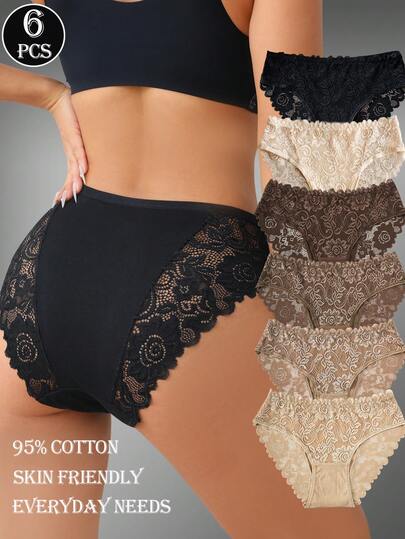 6pcs Elegant Solid Color Cotton Panty Lace Trim Briefs Underwear Set For Women