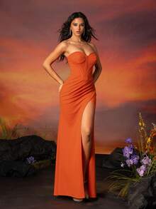 VIPGIRL Orange Strapless Slit Elegant Bridesmaid Dress - Orange - View 6
