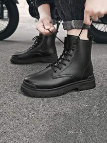 男士高帮靴，秋冬季百搭黑色真皮休闲鞋，耐磨低帮工装鞋，新款时尚休闲鞋，可搭配正装，系带金属鞋眼 - 黑色 - 查看 9