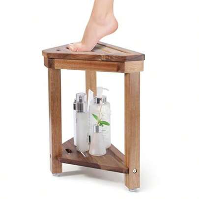 Shower Foot Rest 14in Acacia Wood Shower Stool For Shaving Legs Waterproof Corner Shower Stool With Storage Shelf Or Inside Small Shower Spaces