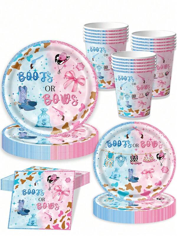 10 Stücke Geschlechts-Enthüllungs-Dekorationsstiefel oder Schleife, Baby-Geschlechts-Enthüllungs-Teller, Becher, Servietten Dekorations-Set, Einweg-Geschlechts-Enthüllungs-Teller, Einweg-Becher, Geburtstagsdekoration für 10 Gäste