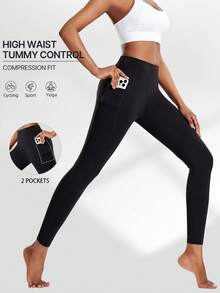 4-Season Women's Solid Color Skinny Pants With Side Pockets, High Elasticity Quick-Dry Breathable Leggings For Running, Workout, Pilates, Yoga, Fitness, Cycling, Outdoor Activities - Black - View 3