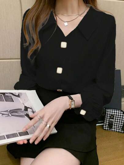 时尚长袖缎面衬衫，设计细节，别致港式风格