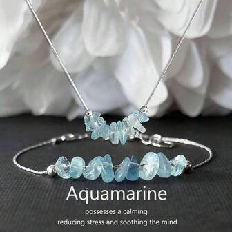 Natural Aquamarine Crystal Necklaces And Bracelets Contain Calming Energy, Helping To Relieve Stress. A Stylish Gift For Women. [Natural Stones Vary In Color And Shape.]