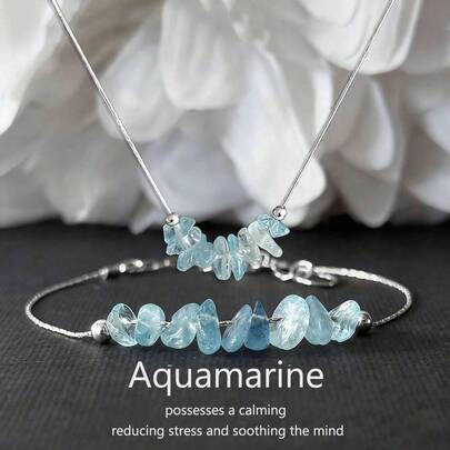 Natural Aquamarine Crystal Necklace And Bracelet Set, Containing Soothing Energy To Help Relieve Stress. A Fashionable Gift For Women. [The Color And Shape Of Natural Gemstones May Vary.]