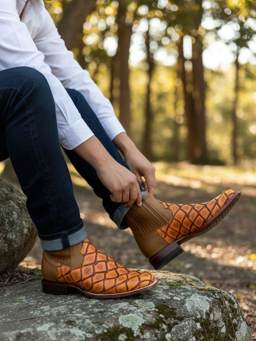 Botas chelsea para hombre en color miel de piel grabado animal Pirarucu, estilo vaquero elegante con diseño cómodo ideal para uso diario Pescado Botin Cafe Botines Cuero - Albaricoque - Ver 1