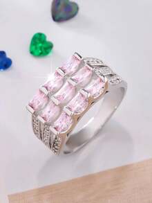 1pc Vintage Geometric Design Wide Band Ring, Inlaid Sparkling Square Cubic Zirconia Jewelry Ring, Elegant Accessory For Women, Fashionable Everyday Wear - K74 - View 17