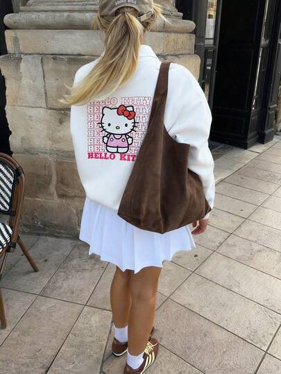 Sanrio 1 Peça Moletom de Manga Longa com Gola Careca e Estampa de Hello Kitty para Mulheres