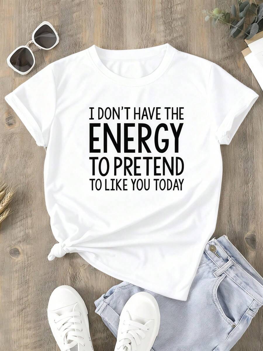 Fashionable Women'S Short-Sleeve Top With A Round Neck Featuring Letter-Themed Prints - White - View 1