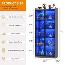 Display Cabinet With Adjustable Shelves, 65" Tall Bookcase With LED Lights/Human Sensor, 5 Tier Display Case For Collectibles Bedroom Living Room Office, Black - Transparent Acrylic Doors - Xem 2