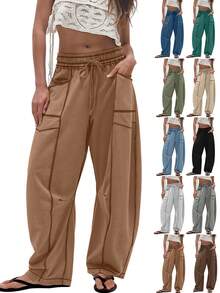 Women's Casual Cylinder Pants Wide Leg Casual Drawstring Sweatpants With Pockets - Màu kaki sẫm - Xem 2