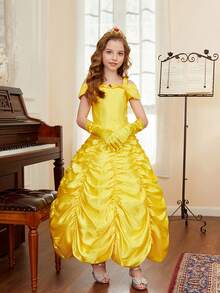 Set de 5 piezas que incluye vestido sin mangas con volantes amarillo, guantes, corona, varita mágica - Disfraz de princesa para niñas, para fiestas, Halloween, juego de roles