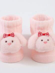 1双卡通娃娃针织袜（无透明袜套），男女童户外保暖休闲袜，适合冬季日常穿着 - 粉色 - 查看 2