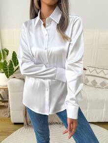 Elegant Satin Shirt For Women, Classic Soft Comfortable Single-Breasted Long Sleeve Blouse, Solid Color, Suitable For Daily Commute, 2025 New Arrival White Spring - White - View 7