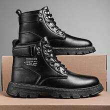 Trending Mid-Calf Boots, Casual Versatile Workwear Men's Shoes With Metal Eyelets And Lace-Up Closure, British Style - Black - View 2